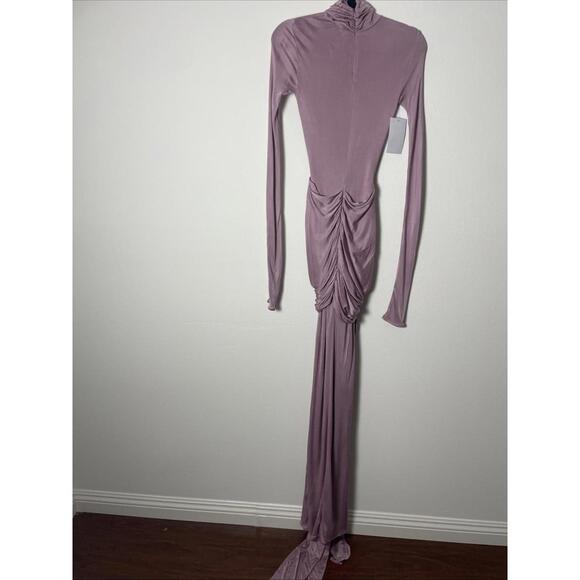 Helsa Slinky Jersey Ruched Sarong Maxi Dress Turtleneck Long purple Sz L $398 - Picture 12 of 12